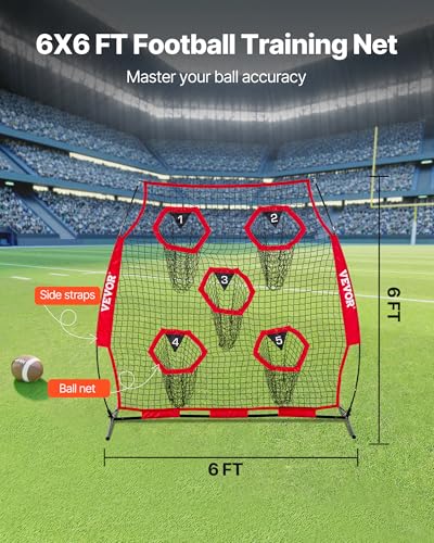 VEVOR 6x6ft Football Trainer Throwing Net, Training Throwing Target Practice Net with 5 Target Pockets,Football Training Equipment Includes Portable Carry Case,Great for Quarterback - color: Red