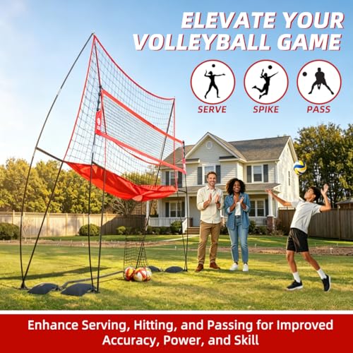 2-in-1 Volleyball Practice Net Station with Patented 5-Height (6'6'' to 8'), Heavy Duty Training System for Hitting Spiking Serving, Backyard Indoor Outdoor Trainer Equipment