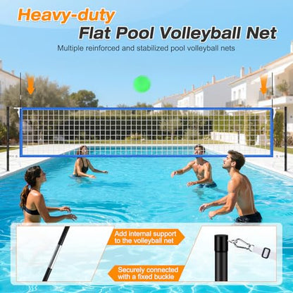 AugFir Inground Pool Volleyball Net Set, Adjustable Length & Height Pool Volleyball Net, Compatible with 3 Universal Ground-Mounted Bases, Includes 2 Glow-in-the-Dark Inflatable Pool Volleyballs