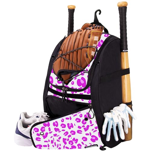 Youth Softball Equipment Bag with Vented Shoe Compartment, Baseball Bat Bag, Fence Hook, for Batting Mitten, Helmet, Teeball Gear, Adult Boys Girls Kids - color: Pink Leopard