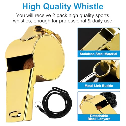 iDIGMALL Gold Whistle with Lanyard, Loud Crisp Sound Stainless Steel Sports Whistle, Durable Metal Whistle Referee Coach Whistles for Football Basketball Soccer School Lifeguard Emergency, Pack of 2