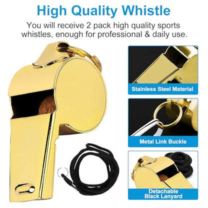 iDIGMALL Gold Whistle with Lanyard, Loud Crisp Sound Stainless Steel Sports Whistle, Durable Metal Whistle Referee Coach Whistles for Football Basketball Soccer School Lifeguard Emergency, Pack of 2