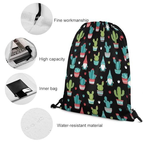 Gym Drawstring Backpack Sackpack Water Resistant for Sports Beach Yoga Travel Unisex, Gnomes Succulents Cacti Terrarium Cactus Bags - color: Picture (349)
