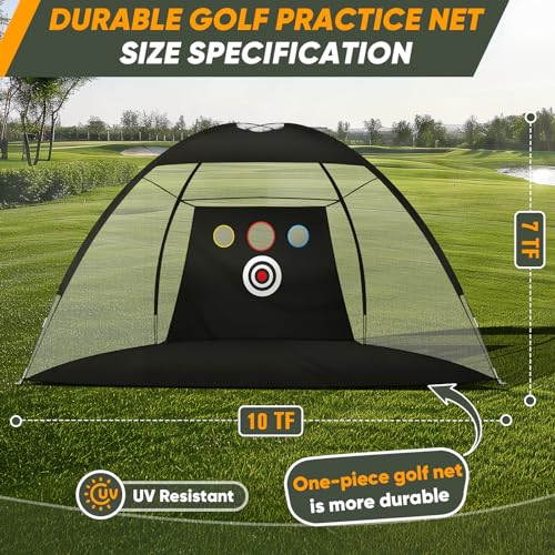 10x7Ft Golf Practice Net, Golf Net for Backyard Driving Real GolfBalls, All in 1 Golf Hitting Nets with Tri-Turf Mat, Impact Target, 10 Balls, 7 Tees, 2 Rubber Tees, Carry Bag