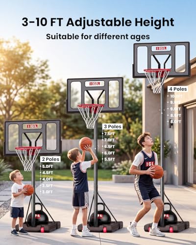 IGL Portable Basketball Hoop, 5.6-10FT Adjustable Basketball Goal System, 40/44 Inch Outdoor Basketball Hoop & Goals for Kids, Youth, and Adults in The Backyard, Driveway with PC Backboard - color: Gray Black