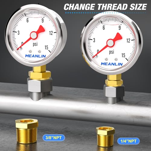 0~15Psi Stainless Steel 1/8" NPT 1.5" FACE DIAL, Glycerin Filled Pressure Gauge, Liquid Filled, Water Oil Air, Lower Mount, with 1/4" NPT and 3/8" NPT Hex Bushing - size: 0-15Psi