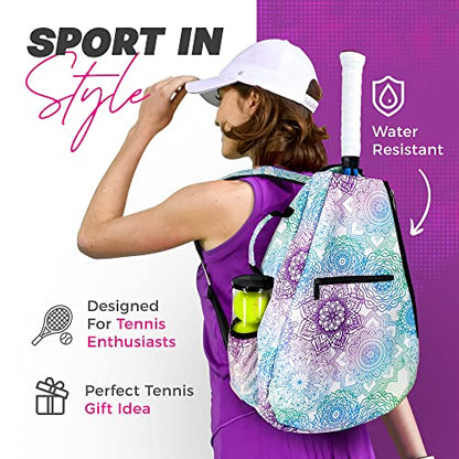 Womens Tennis Backpack - Taboo Fashions Ladies Tennis Bag Holds Two Racquets, Padded Straps and Side Carry Handle - color: White, Purple, Blue, Green