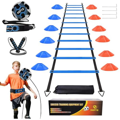 IHEPYQ Soccer Agility Training Equipment Set, 12 Rung 20Ft Agility Ladder, 12 Disc Cones, 4 Steel Stakes, Solo Soccer Trainer, Jump Rope - Speed Training Equipment for Soccer Football Basketball - color: Blue