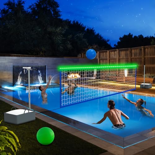 Pool Volleyball Net Set with Bright LED Lights, Solar Volleyball Net with 15-32FT Adjustable Length for Inground Pools, Water Volleyball Net with 2 Balls & Pump for Swimming Pool Party & Games