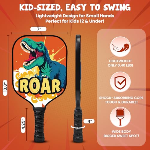 Kids Pickleball Paddle Designed for Ages 3–12 | Lightweight Fiberglass (0.37 lbs) | Small Grip for Easy Control | Fun Beginner Gift for Girls, Toddlers & Youth - color: Dinosaur