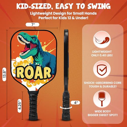 Kids Pickleball Paddle Designed for Ages 3–12 | Lightweight Fiberglass (0.37 lbs) | Small Grip for Easy Control | Fun Beginner Gift for Girls, Toddlers & Youth - color: Dinosaur
