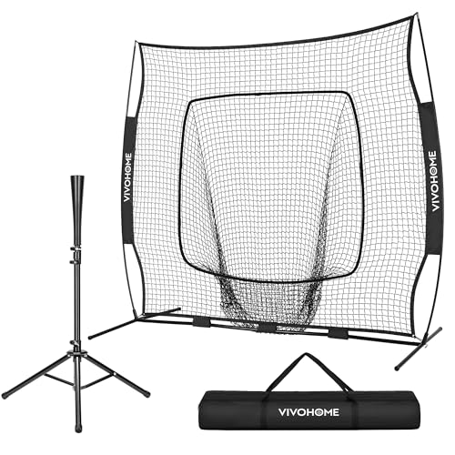 VIVOHOME Baseball Softball Batting Net - 7x7 Ft Baseball Backstop, Softball Practice Net for Hitting, Pitching, Throwing with Batting Tee and Carry Bag - style: 7 x 7 ft Black Net with Tee