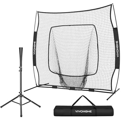 VIVOHOME Baseball Softball Batting Net - 7x7 Ft Baseball Backstop, Softball Practice Net for Hitting, Pitching, Throwing with Batting Tee and Carry Bag - style: 7 x 7 ft Black Net with Tee