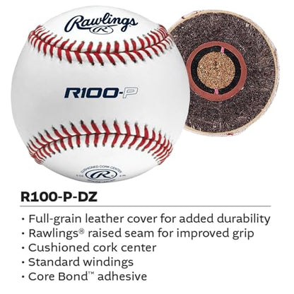Rawlings | Practice Baseballs | R100-P or FSR100-P Baseballs | Collegiate, High School & Youth | Flat or Raised Seam Options - style: Raised Seam (High School / Youth)