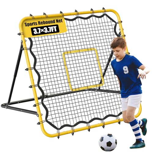 3.7×3.7FT Soccer and Baseball Rebounder Net,Volleyball Rebounder,Pitch Back Net,Multi-Sport Training Rebound Net,with Pitching Target,Adjustable Angles
