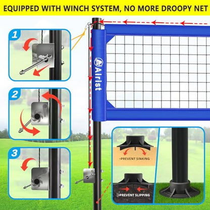 Heavy Duty Volleyball Net Outdoor with Steel Anti-Sag System, Adjustable Aluminum Poles, Professional Volleyball Nets Set for Backyard and Beach, Volleyball and Carrying Bag - color: Blue