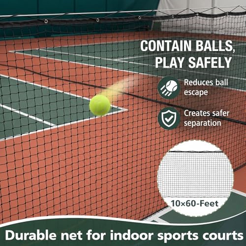 Wesiti 10' x 60' Court Divider Net Kit with Installation Hardware Including Metal Buttonhole Bolt and Wire Rope Sports Heavy Duty Court Partition Net for Tennis Badminton Indoor Outdoor