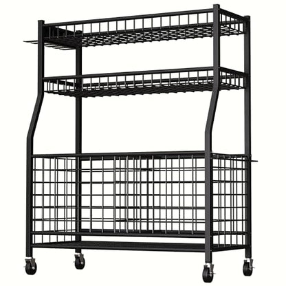 YOHKOH Sports Organizer for Garage, Large Sports Equipment Organizer Cart with 5 Baseball Stick Holders, Ball Storage Rack, Heavy-Duty Garage Sports Gear Storage with Wheels