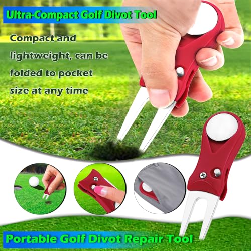2 Pack Foldable Golf Divot Tool, Magnetic Turf Repair Tool with Spring Loaded Fork, Portable Golf Divot Repair Tool and Removable Ball Marker, for Repair Lawn Ball Marks,Mark Shots