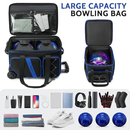 BOSSTIN 3 Ball Bowling Bag with Wheels, 2 Ball Bowling Bags Double roller with 1 Ball Add On Bag, Multi-Pockets & Shoe Compartment (Fits Up to Size 15) - color: Blue