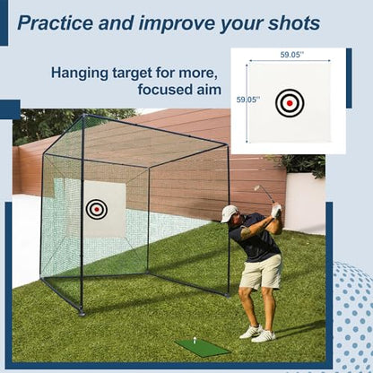 10x10 FT Golf Practice Net Cage, Golf Driving Nets for Backyard w/Netting Enclosure Target Cloth, Steel Frame Swing Practice Mat for Full Swing and Chipping Indoor Outdoor