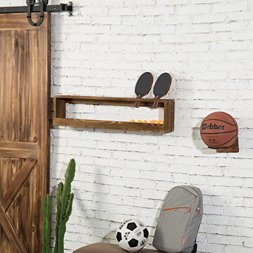 MyGift Wall Mounted Ping Pong Paddle Holder, Burnt Wood Table Tennis Racket Display Rack with Ball Storage Shelf - color: Burnt Wood