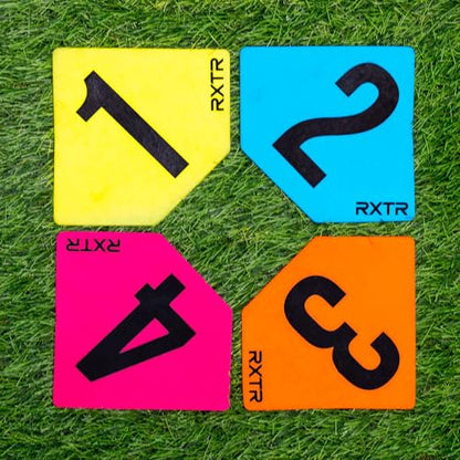 QUICKPLAY RXTR Cognitive Markers Set of 4 - High Visibility Agility Training for Reaction Drills, Durable Flat Field Markers for Soccer & Baseball Training Equipment & Sports Practice