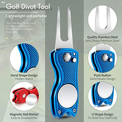 Skylety 4 Pcs Golf Divot Repair Tool Metal Foldable Golf Divot Tool with Magnetic Pop-up Button Ball Marker Stainless Steel Switchblade for Golfers Prizes - color: Red, Blue