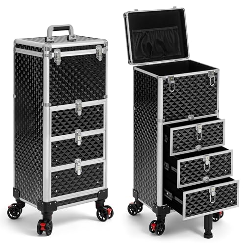 Rolling Makeup Train Case with 3 Drawers, Nail Trolley Cart Salon Station Cosmetology Case on Wheels Organizer Cases for Nail Tech,SPA,Face Painting,Hairstylist,Makeup Artist (Silver & Black) - color: Silver & Black, size: 3 Drawers