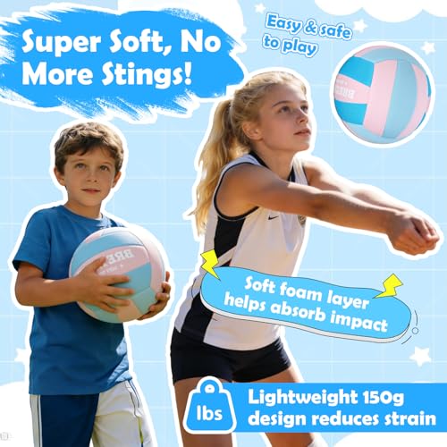 Soft Indoor Volleyball – Quiet Lightweight Fabric Volleyball for Kids, Youth & Beginners, Safe Training Ball, Pump Included - color: Pink/Blue