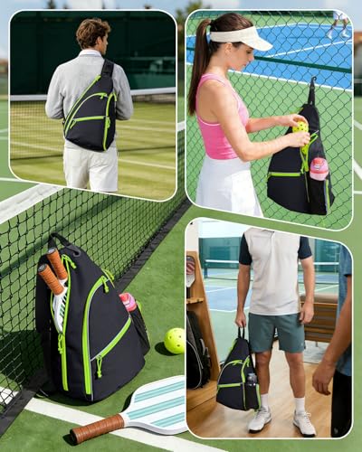 sportsnew Pickleball Bag for Men Women, Pickleball Sling Bag with Separate Paddle & Ball Compartment, Fence Hook, Phone Pocket for Quick Access, Waterproof Pickleball Backpack, Patent Pending - color: Black-Fluo
