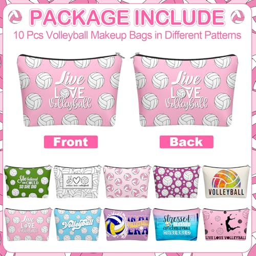 10 Pcs Volleybal Makeup Bag Gifts for Women Ladies Sport Inspirational Zipper Volleybal Cosmetic Pouch Bulk Travel Toiletry Bags Accessories for Sports Lovers Players Coach Team Gifts
