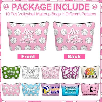 10 Pcs Volleybal Makeup Bag Gifts for Women Ladies Sport Inspirational Zipper Volleybal Cosmetic Pouch Bulk Travel Toiletry Bags Accessories for Sports Lovers Players Coach Team Gifts
