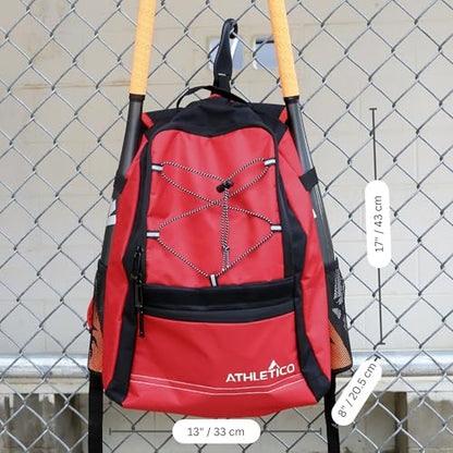 Athletico Youth Baseball Bag - Bat Backpack for Baseball, T-Ball & Softball Equipment & Gear | Holds Bat, Helmet, Glove | Fence Hook - color: Red