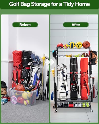 FHXZH Golf Bags Storage Garage Organizer - Stand for Single Golf Bags, Clubs, and Equipment Accessories with Wheels