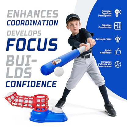 Toddler T-Ball Set for Kids – Includes 10 Balls & Baseball Bat, Easy-Hit Tee Trainer, Red/Blue, for Boys & Girls