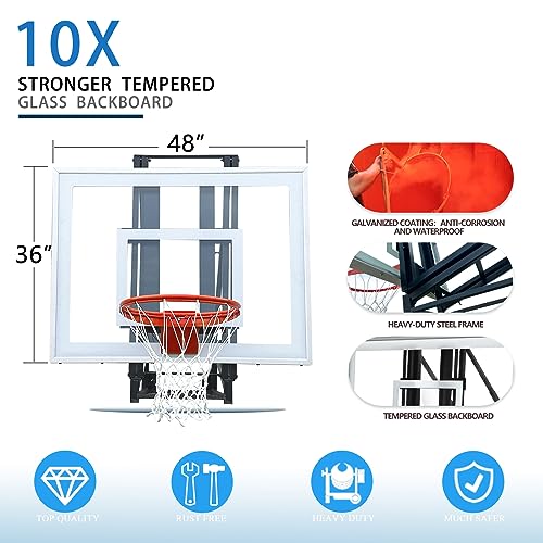 Roof Mounted Basketball Hoop Garage Includes 48" Or 60'' Crystal-Clear Tempered Glass Backboard, Durable Steel Universal Bracket and Double Spring Breakaway Rim with Net - size: 48"x36"