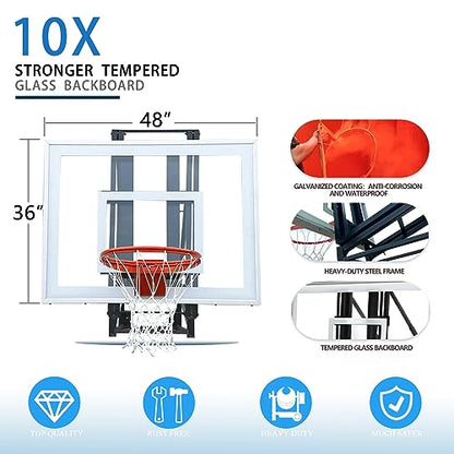 Roof Mounted Basketball Hoop Garage Includes 48" Or 60'' Crystal-Clear Tempered Glass Backboard, Durable Steel Universal Bracket and Double Spring Breakaway Rim with Net - size: 48"x36"