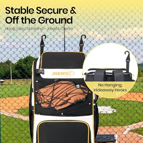Leather Rolling Baseball Bag - Youth Softball Bag with Wheels for Boys Girls - Rain Cover & Mud Guard for Clean Car - Premium 4-Bat Tournament Roller - Large Equipment Organizer