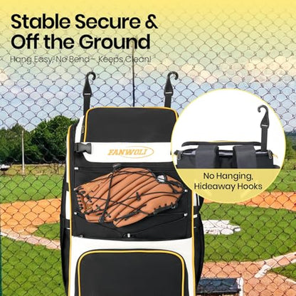 Leather Rolling Baseball Bag - Youth Softball Bag with Wheels for Boys Girls - Rain Cover & Mud Guard for Clean Car - Premium 4-Bat Tournament Roller - Large Equipment Organizer