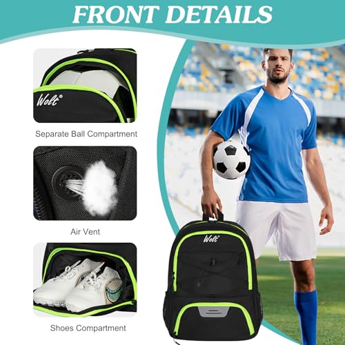 WOLT Soccer Backpack Soccer Bag with Ball Holder & Shoes Compartment, Sport Equipment Bags For Football, Basketball, Volleyball, Gym - color: LemonGreen