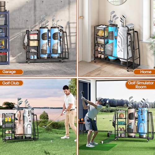 HOOBRO Golf Bag Storage Garage Organizer, Golf Bag Storage Stand Fits 2 Golf Bags and Golf Equipment Rack with Wheels, Extra Storage Rack for Garage, Club, Basement, Black BK49CJ01