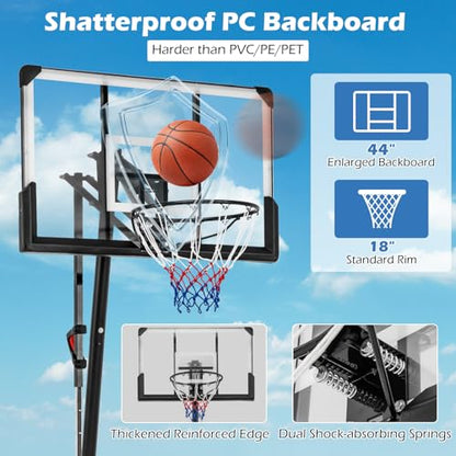 GYMAX Basketball Hoop, 4.9-10 FT Height Adjustable Basketball Goal with 44 Inch PC Backboard, Rebound Plate & Wheels for Kids Teens Adults, Portable Basketball Hoop for Indoor & Outdoor