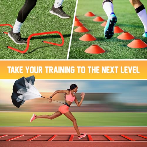 Yes4All Agility Ladder Speed Training Equipment Set - 1 Adjustable Agility Ladder, 12 Soccer Cones, 5 Hurdles, Jump Rope, Running Parachute - Speed & Agility Training Equipment for All Ages - color: B. Set Orange
