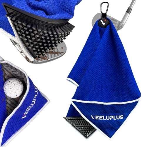 4-in-1 Magnetic Golf Towel with Brush & Cleaning Pocket -Premium Construction Golf Towel- Super Strong Golf Club Cleaner- Microfiber Waffle Design-15.7" X 23.6" Golf Accessories and Gifts for Men - color: Blue