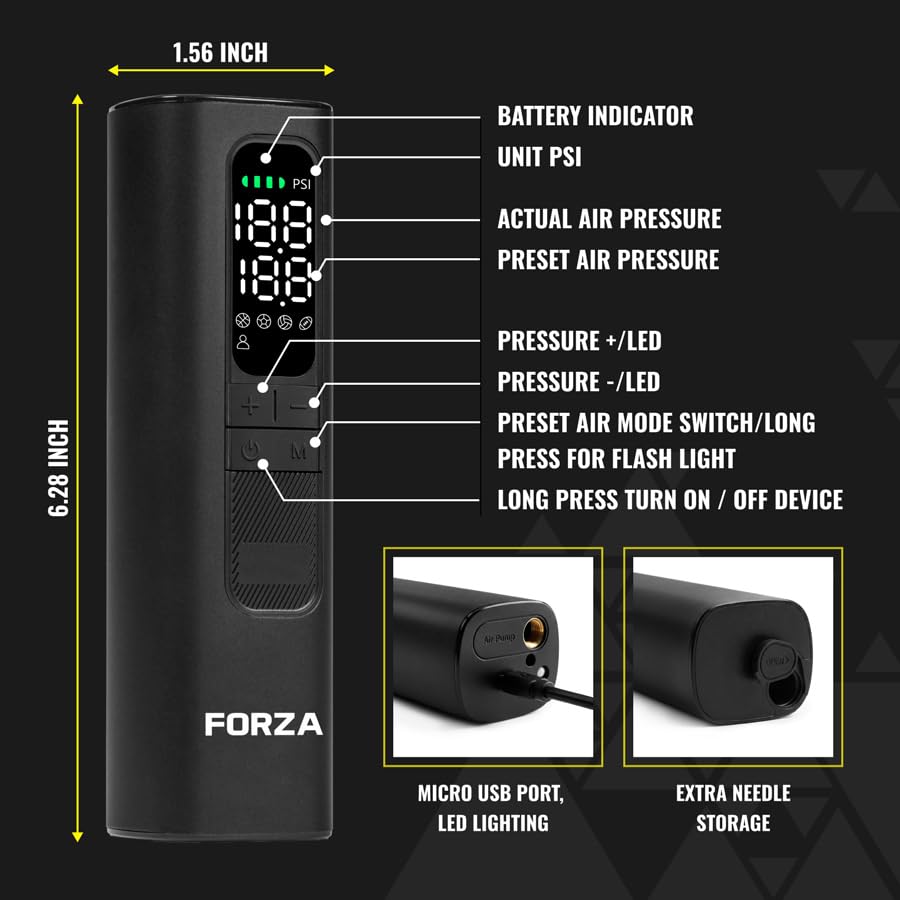 FORZA Digital Ball Pump │Rechargeable Electric Air Pump with LED Torch | Portable Sports Ball Inflator with Needles, Flex Hose, USB Charging Cable and Carry Case - style: Digital Ball Pump