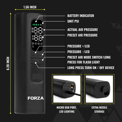 FORZA Digital Ball Pump │Rechargeable Electric Air Pump with LED Torch | Portable Sports Ball Inflator with Needles, Flex Hose, USB Charging Cable and Carry Case - style: Digital Ball Pump
