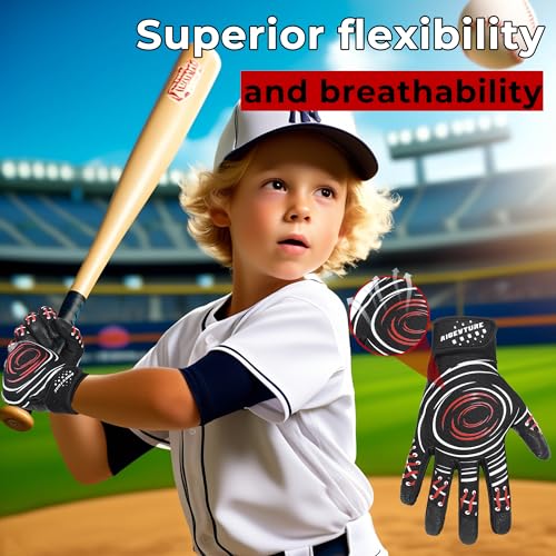 AIGEVTURE Baseball Bating Gloves Adult Youth Baseball Softball Batting Gloves Adult Kids Boys Girls - color: Black and Red, size: Kids X-Small
