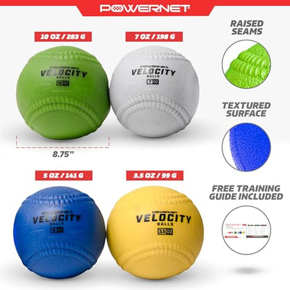 PowerNet Velocity Balls, 4-Pack Training Weighted Baseballs, Softball & Baseball Training Equipment to Increase Velocity & Strength, 3.5 oz-10 oz Sand-Filled Weighted Balls