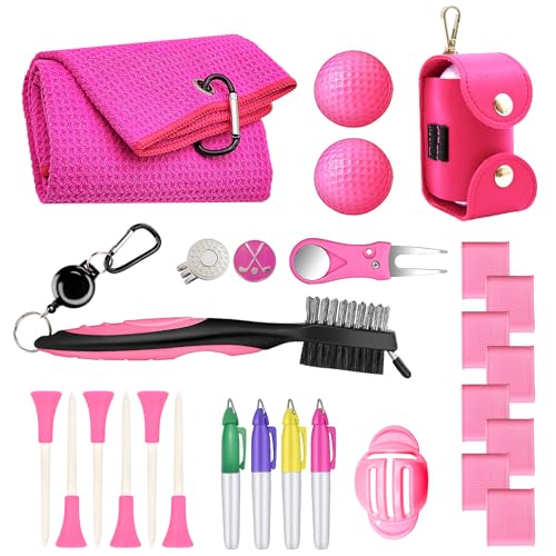 Golf Accessories Kit 20 PCS Pink Golf Gift Set - Golf Towel, Ball Marker, Pins, Golf Club Cleaner, Pink Golf Balls w/Holder, Ball Alignment Kit, Divot Repair, Plastic Tees, All Pink Kit